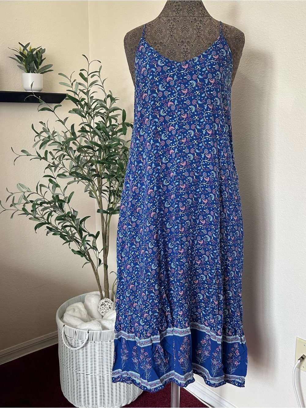 Blue Floral Maxi Sundress with Spaghetti Straps
